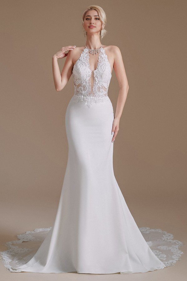 Vestido de novia Weitese encantador de satén con cuello halter, sirena, espalda descubierta y apliques de encaje